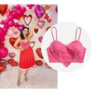 💗 Barbie Pink Cute Heart Shaped Crop Top Pearls Trim NEW WITH TAGS
